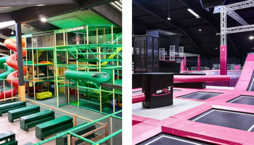 Collage aus Trampolino Indoor Spielpark und HI FLY Trampolinpark – Freizeitspaß mit Kletterbereich, Spielanlage und Trampolin Action