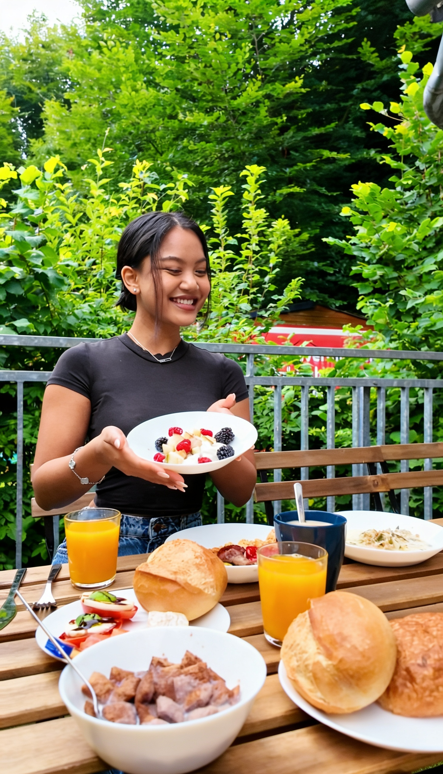 Gast genießt den Frühstücksbrunch im Zum Anpfiff Bochum auf der Terrasse – frische Brötchen, Obst, Kaffee und Säfte in entspannter Atmosphäre