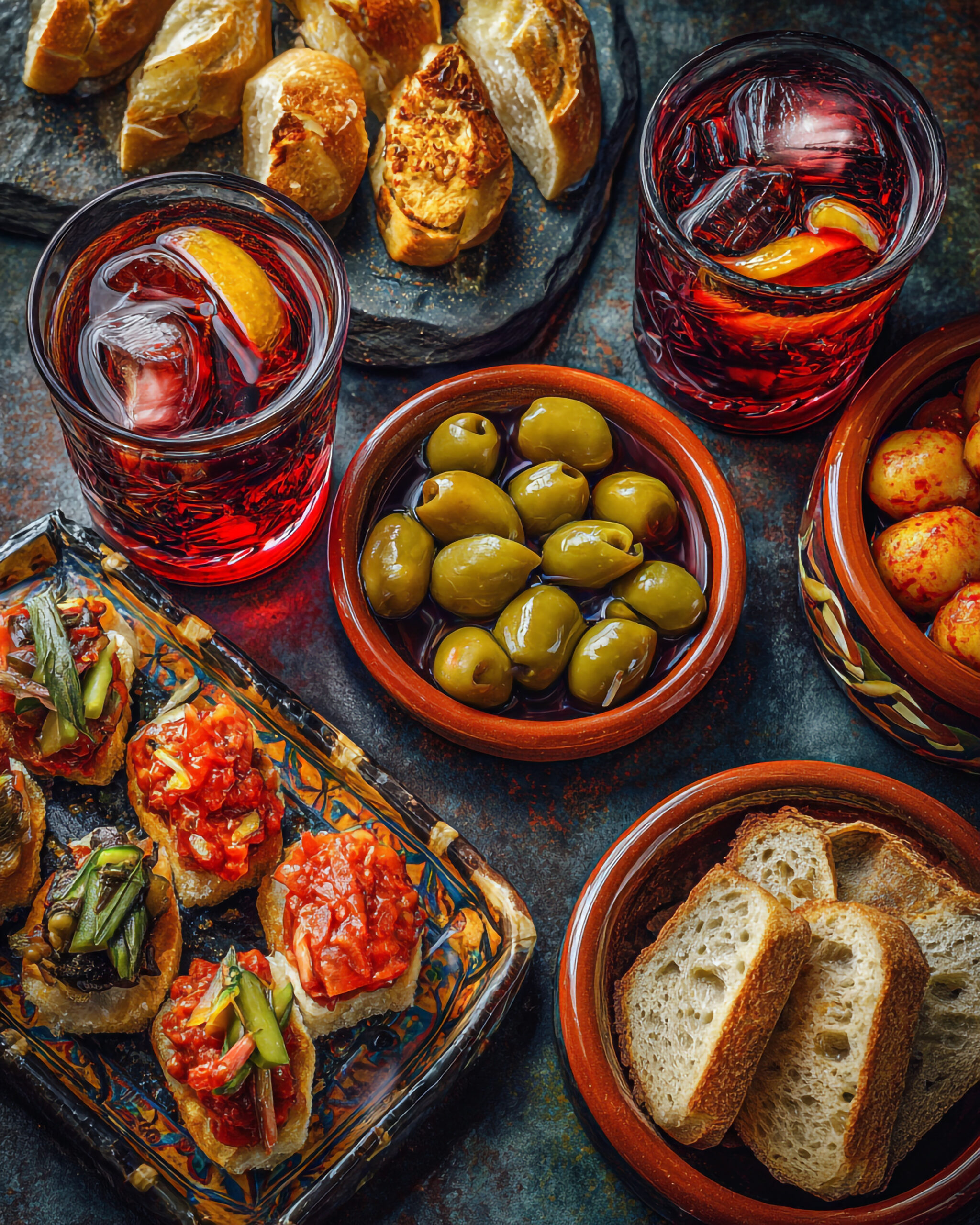 Auswahl an Tapas mit Oliven, Brot, Antipasti und Cocktails bei Mookai Beach Rodenbach