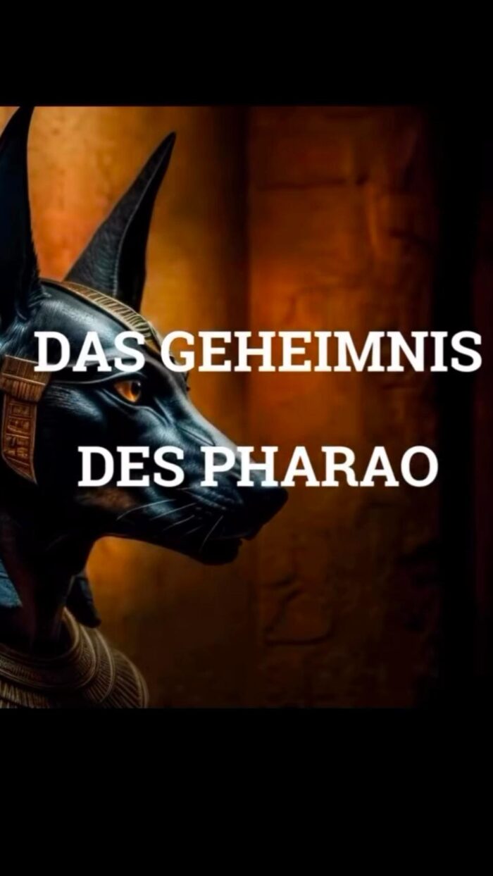 Anubis-Statue im ägyptischen Stil mit dem Text „Das Geheimnis des Pharao“