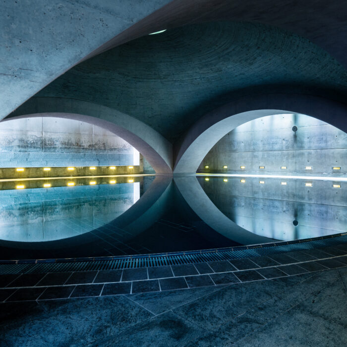 Symmetrischer, stimmungsvoll beleuchteter Innenraum eines modernen Betonbaus mit Gewölbedecke und ruhigem Wasserbecken, das die Architektur spiegelt.