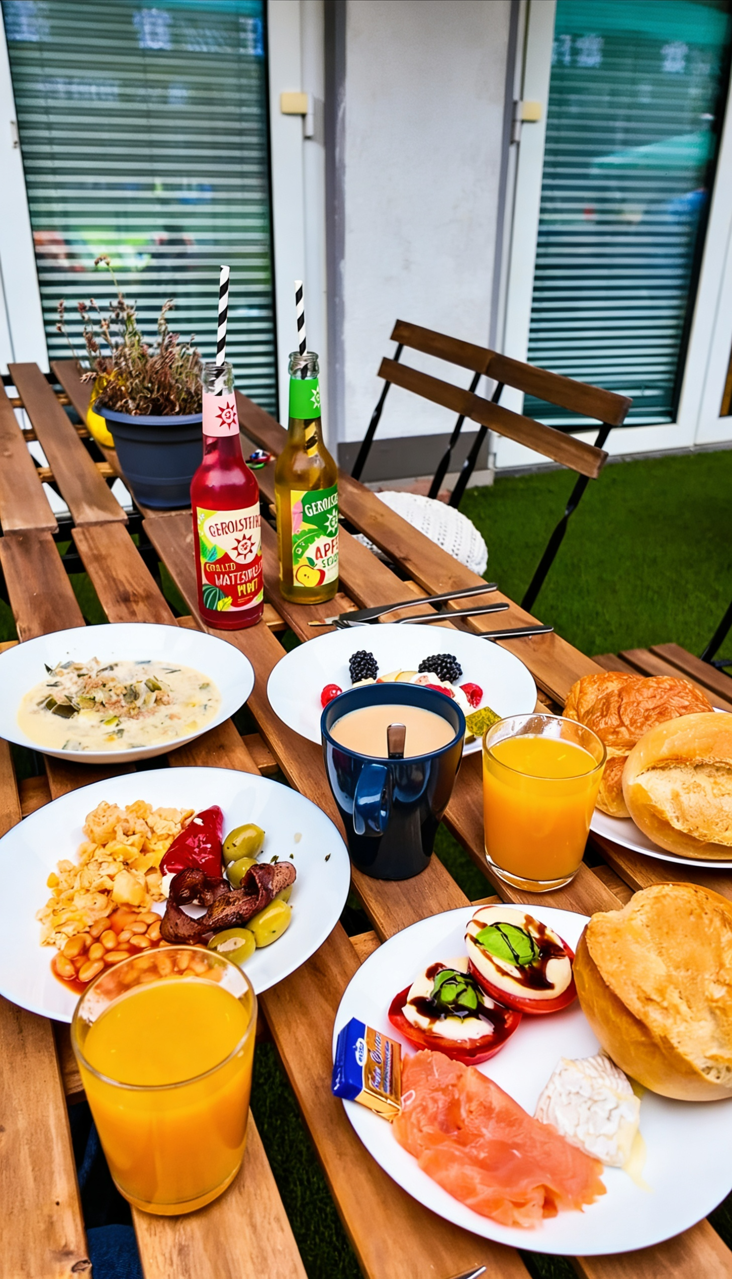Frühstücksbrunch im Zum Anpfiff Bochum – vielfältige Auswahl mit Brötchen, Aufschnitt, Rührei, Obst, Kaffee und Säften auf dem Frühstückstisch