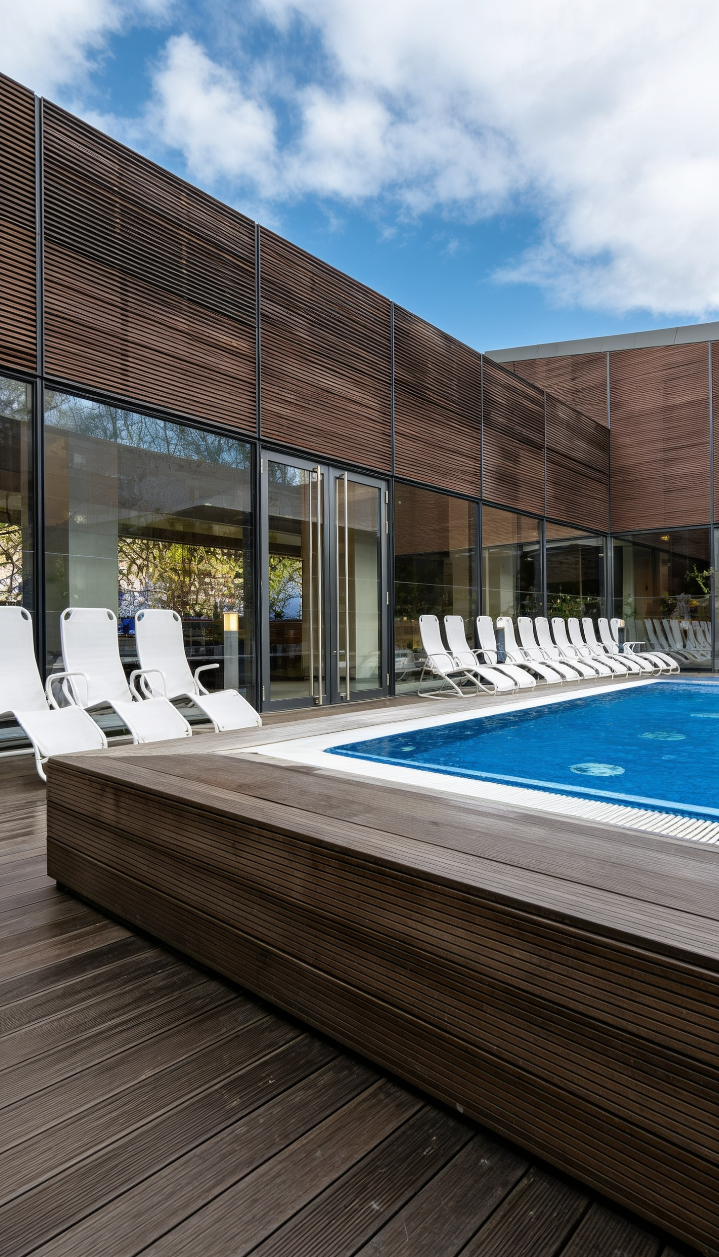 Außenpool im Liquidrom Berlin – moderner Wellnessbereich mit beheiztem Pool, Sonnenliegen und stilvoller Architektur für entspannte Spa Momente