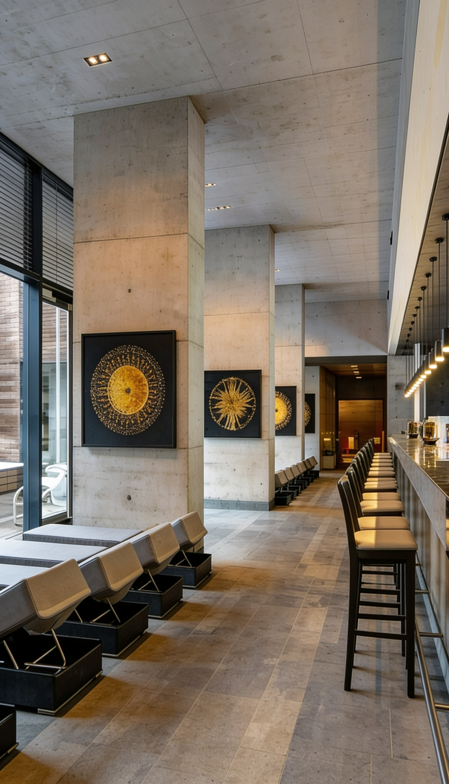 Loungebereich im Liquidrom Berlin – stilvoll gestalteter Ruhebereich mit Sitzgelegenheiten und moderner Architektur für entspannte Wellnessmomente vor oder nach dem Spa Besuch