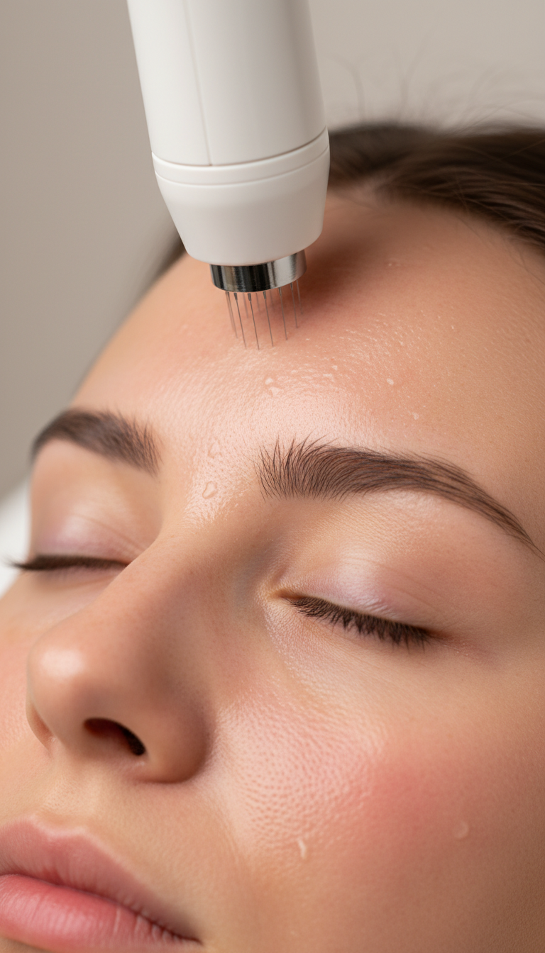 Microneedling Behandlung im Gesicht bei Nikis Beauty in Hilden zur Hauterneuerung und Verbesserung des Hautbildes.