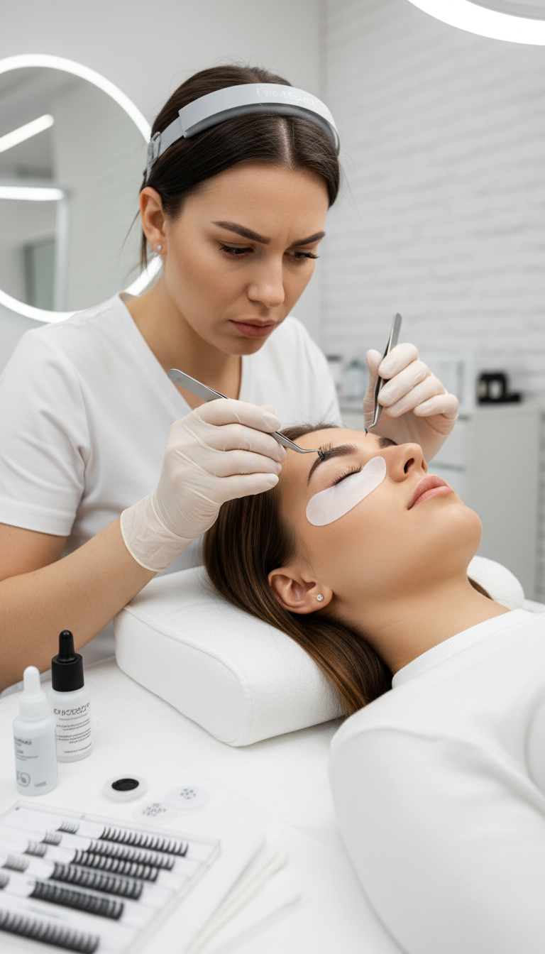 Wimpernverlängerung Behandlung bei Nikis Beauty in Hilden mit präziser Technik für volle und natürlich wirkende Wimpern.