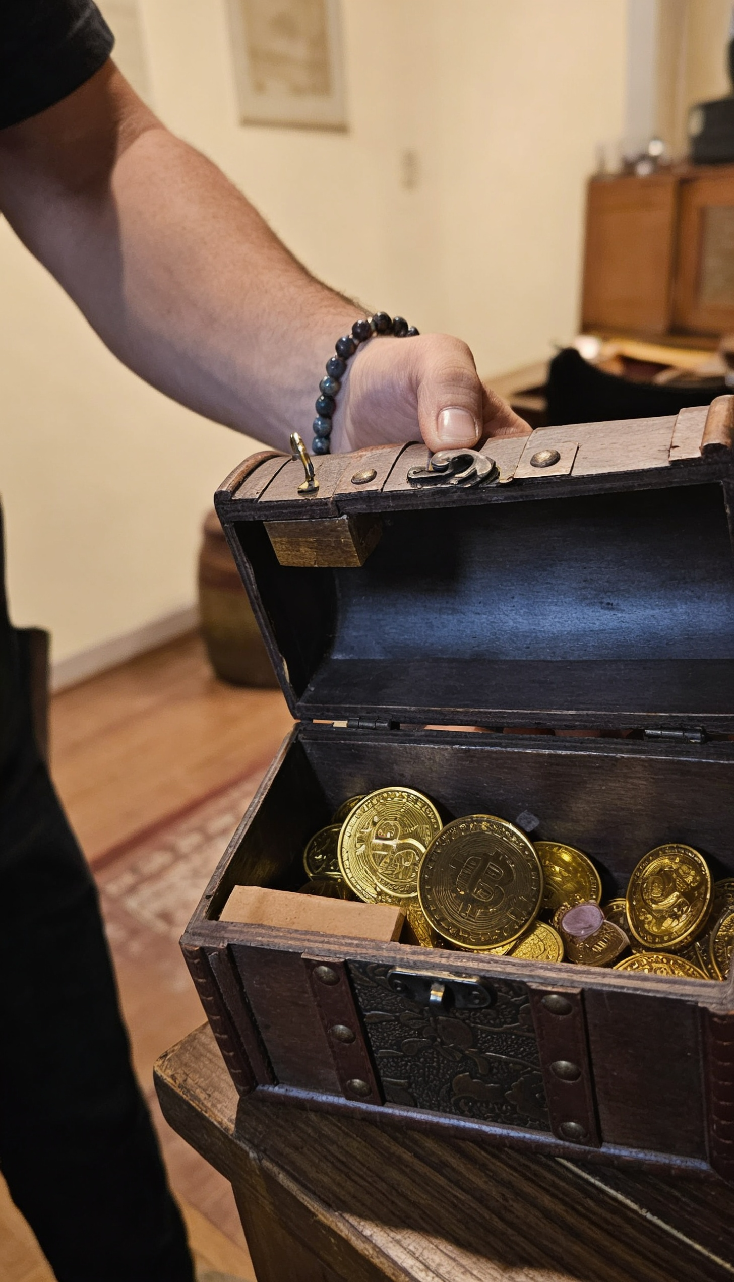 Geöffnete Schatztruhe mit Goldmünzen bei MysteryRooms München – typisches Rätselobjekt aus einem Escape Room Abenteuer