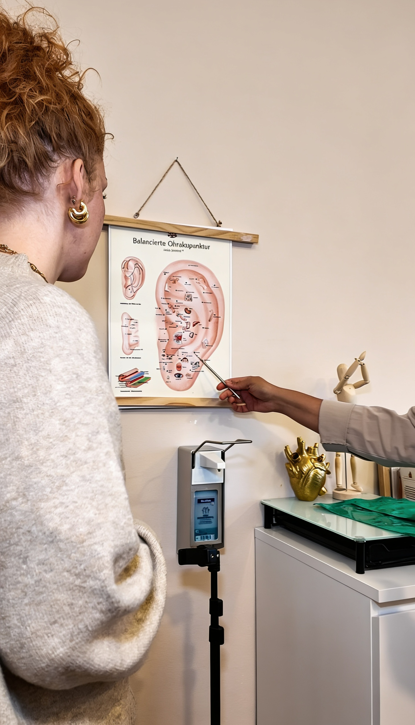 Beratungsgespräch bei Naturo Medicus Gelsenkirchen zur Akutschmerz Intensivbehandlung mit Erläuterung von Akupunkturpunkten anhand einer Ohrgrafik