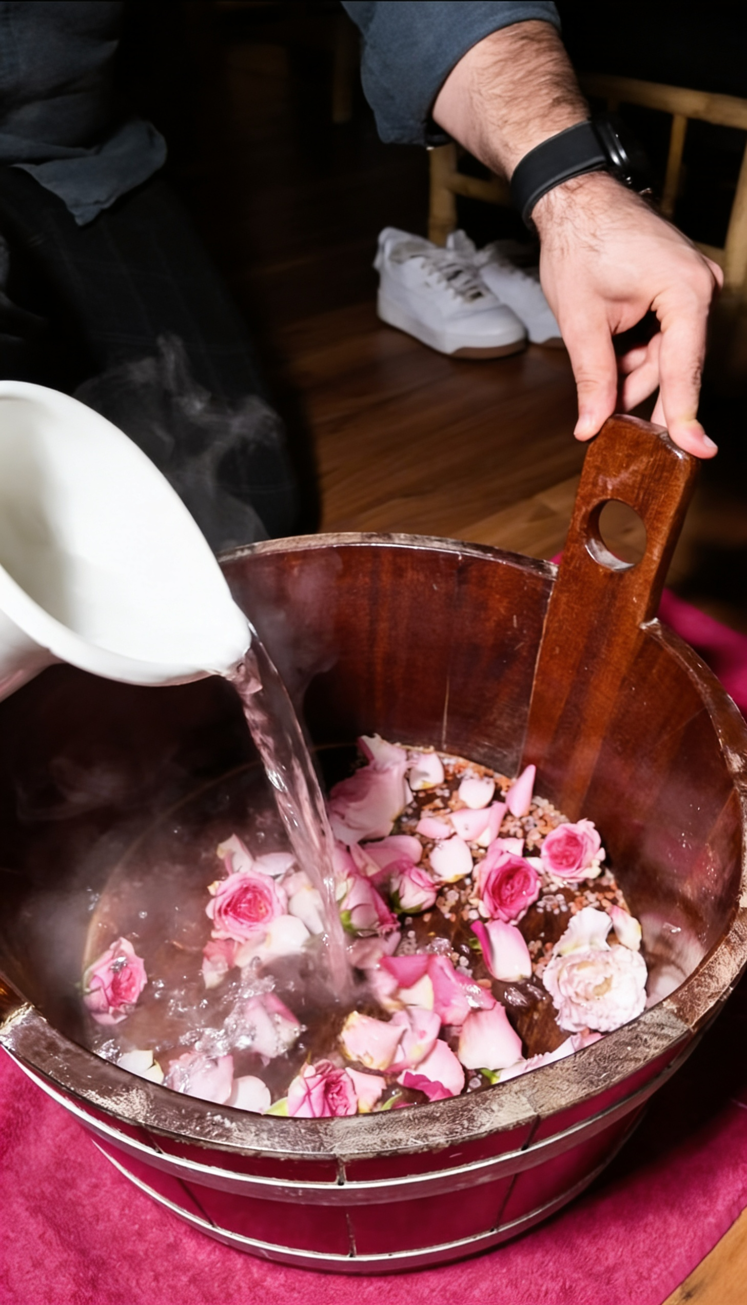 Fußbad im SimLife Institut Bad Soden am Taunus – entspannendes Pflegebad mit Rosenblüten und warmem Wasser als Vorbereitung auf eine Fußpflegebehandlung