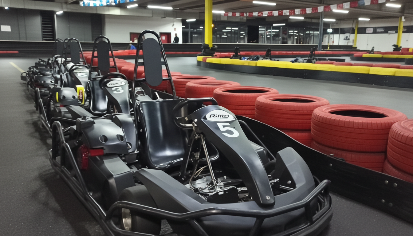 Go Karts auf der Indoor Rennstrecke von Speed Area in Wuppertal bereit für ein actionreiches Fahrerlebnis.