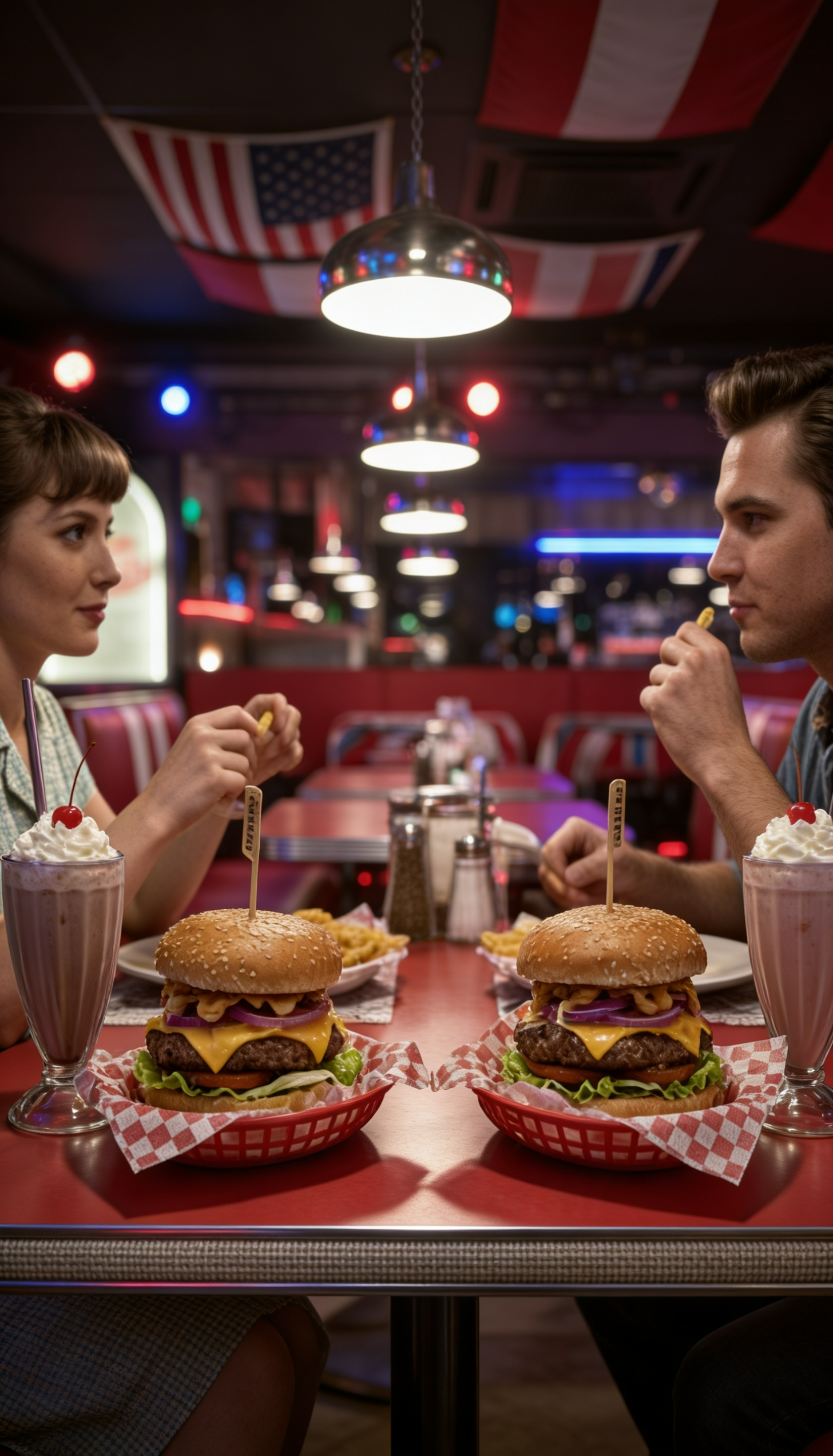 Burger Menü für zwei Personen bei Mido's American Diner Oberhausen – zwei saftige Burger mit Milkshakes im authentischen American Diner Ambiente