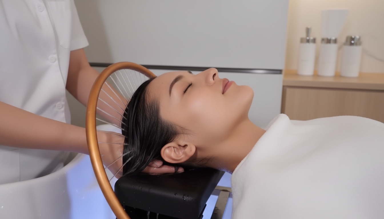 Kundin entspannt beim Haarewaschen während einer Head Spa Behandlung bei Body and Soul Bad Vibel in ruhiger Atmosphäre.