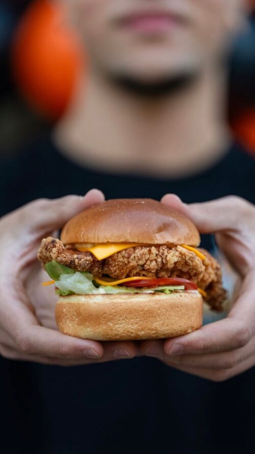 Saftiger Chicken Burger wird mit beiden Händen präsentiert, knuspriges Hähnchenfilet mit Salat und Sauce bei Der Holländer in Düsseldorf.