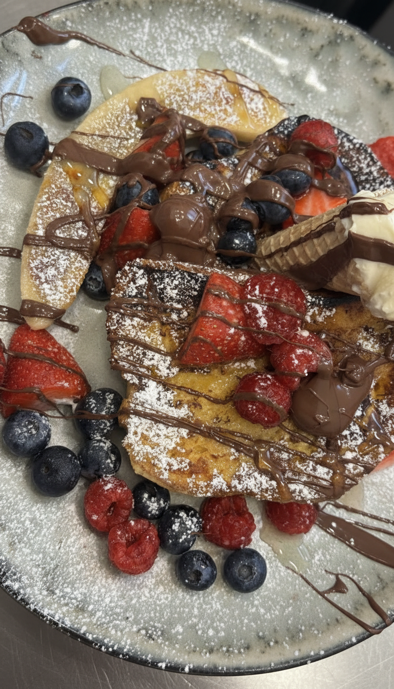 French Toast mit Erdbeeren, Blaubeeren, Schokostücken und Puderzucker als süßes Brunch Gericht bei Innas Cafe in Moers.