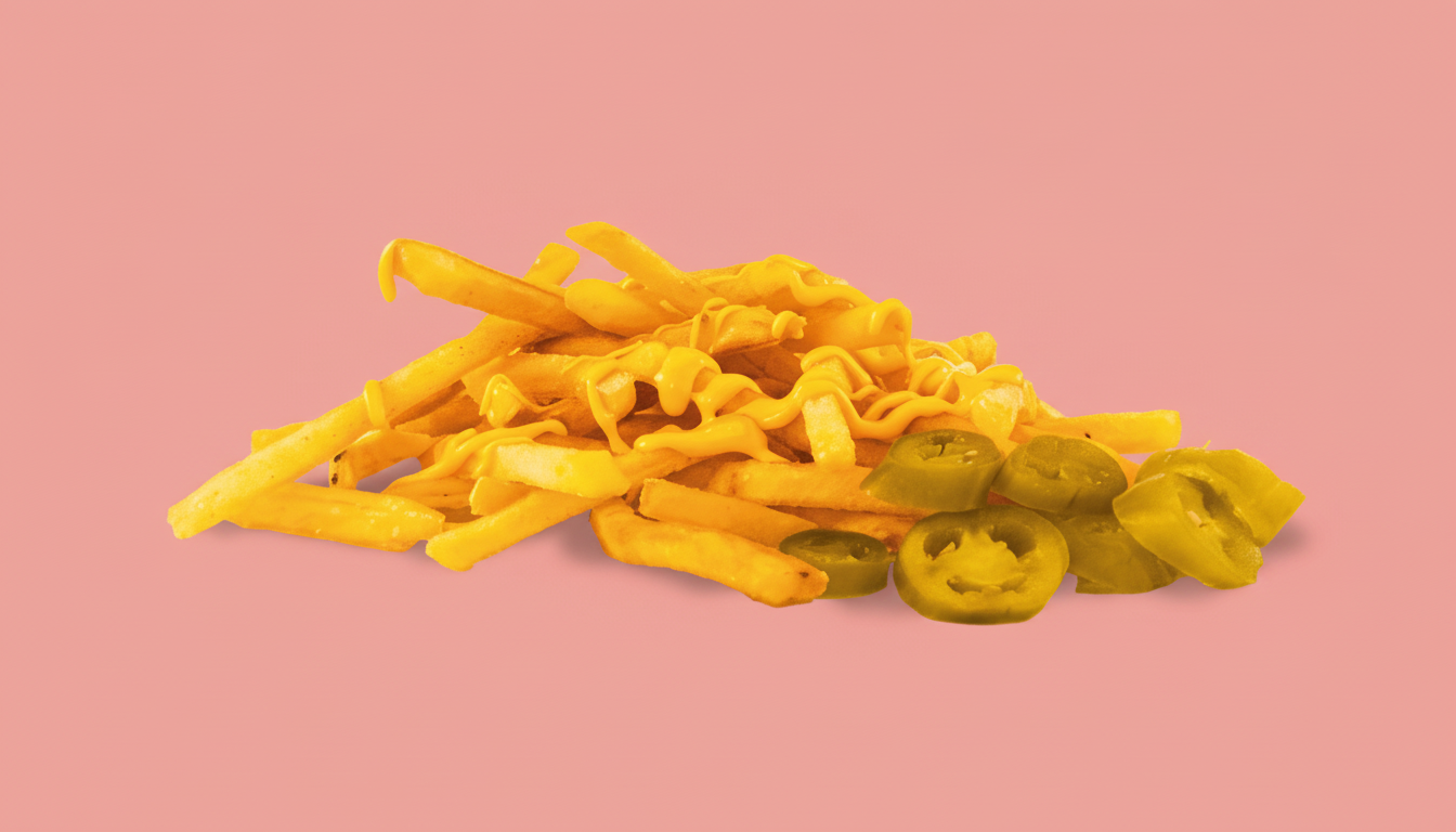 Loaded Fries mit cremiger Käsesauce und Jalapeños auf rosa Hintergrund als herzhaftes Gericht bei The Burgerz in Oberhausen.