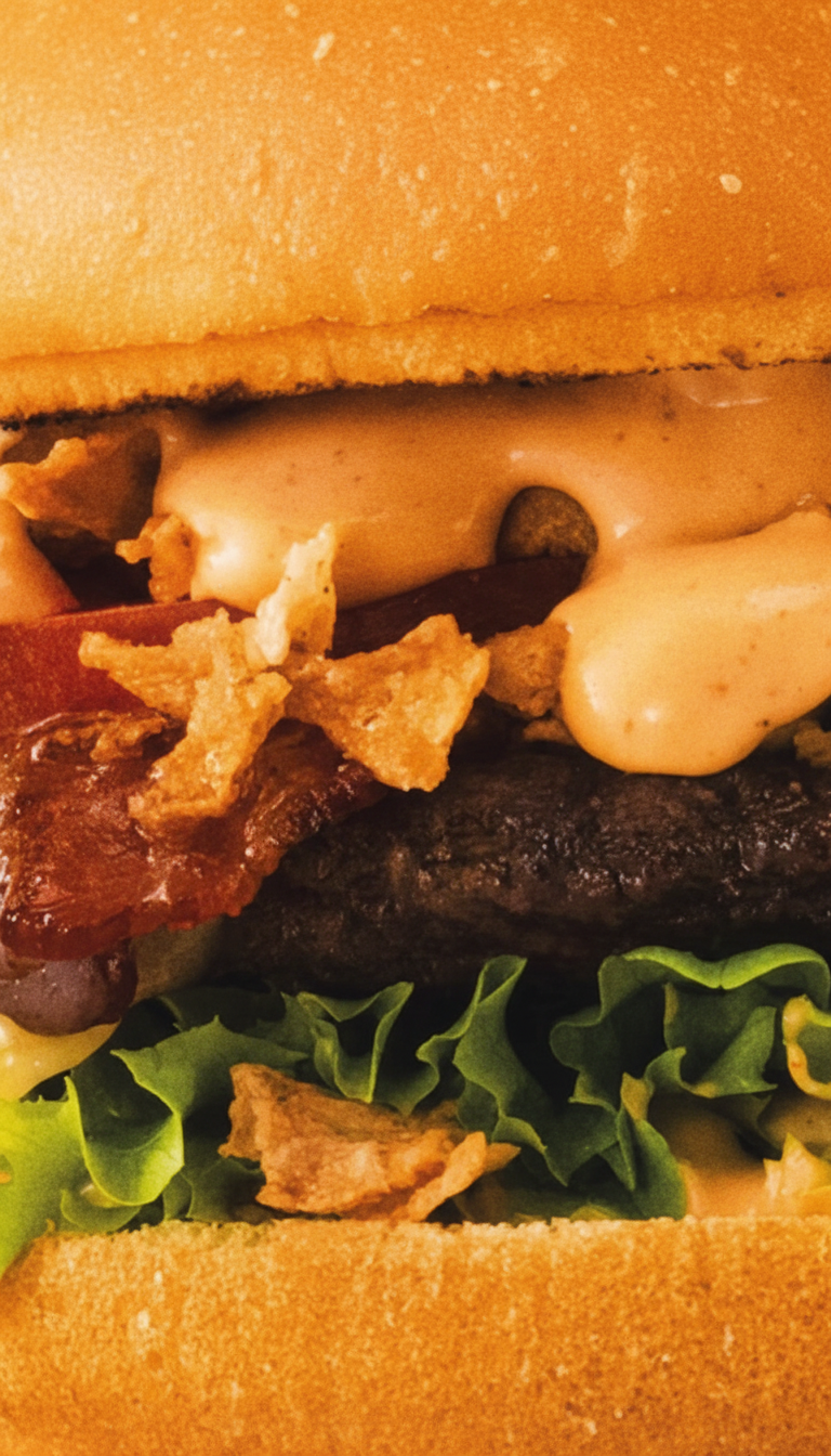 Detailaufnahme eines saftigen Burgers mit geschmolzenem Käse, knusprigem Bacon, frischem Salat und cremiger Sauce bei The Burgerz in Oberhausen.