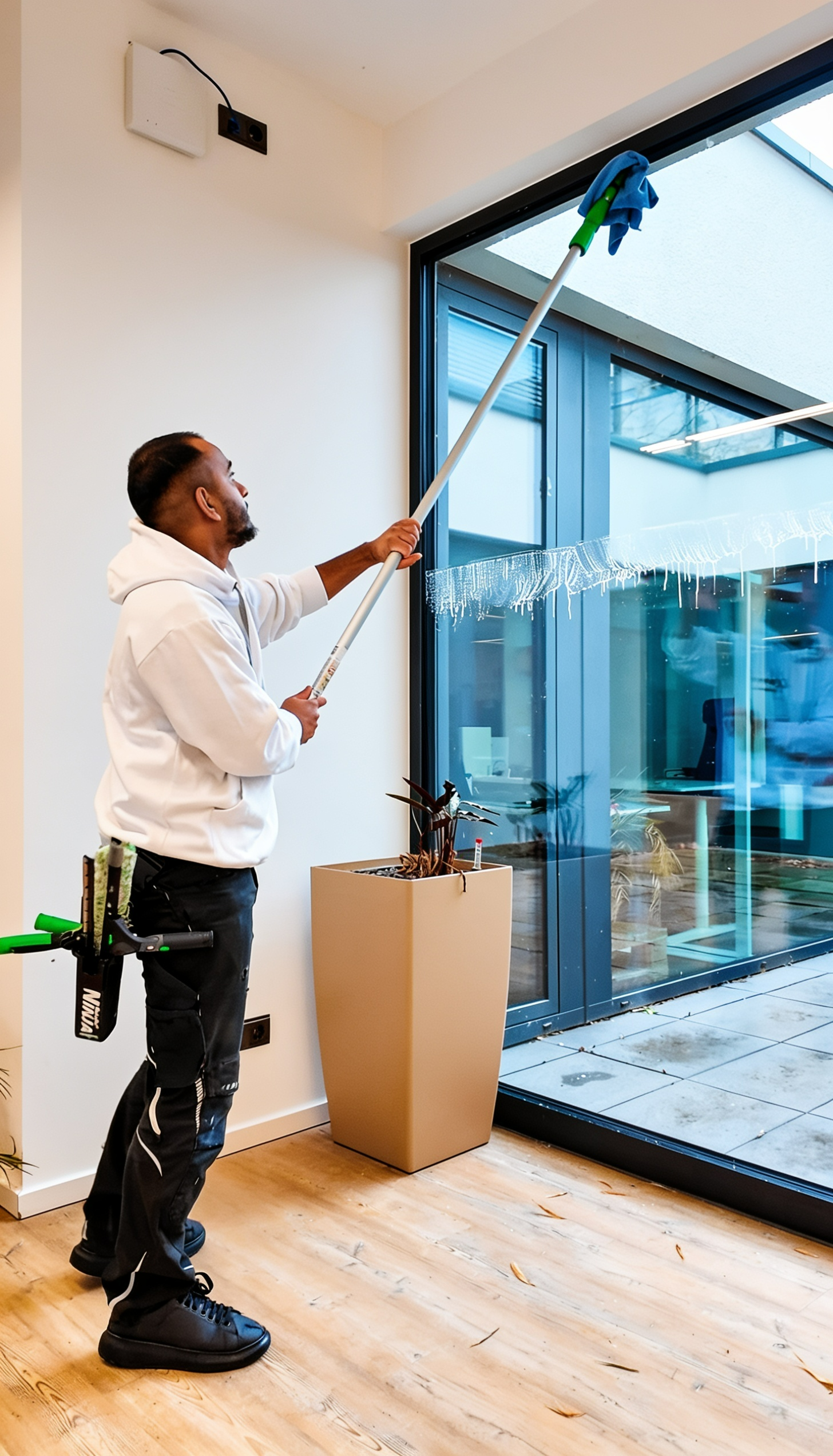 Mitarbeiter einer Gebäudereinigung trocknet große Fensterflächen in einem modernen Gebäude mit professionellem Reinigungswerkzeug