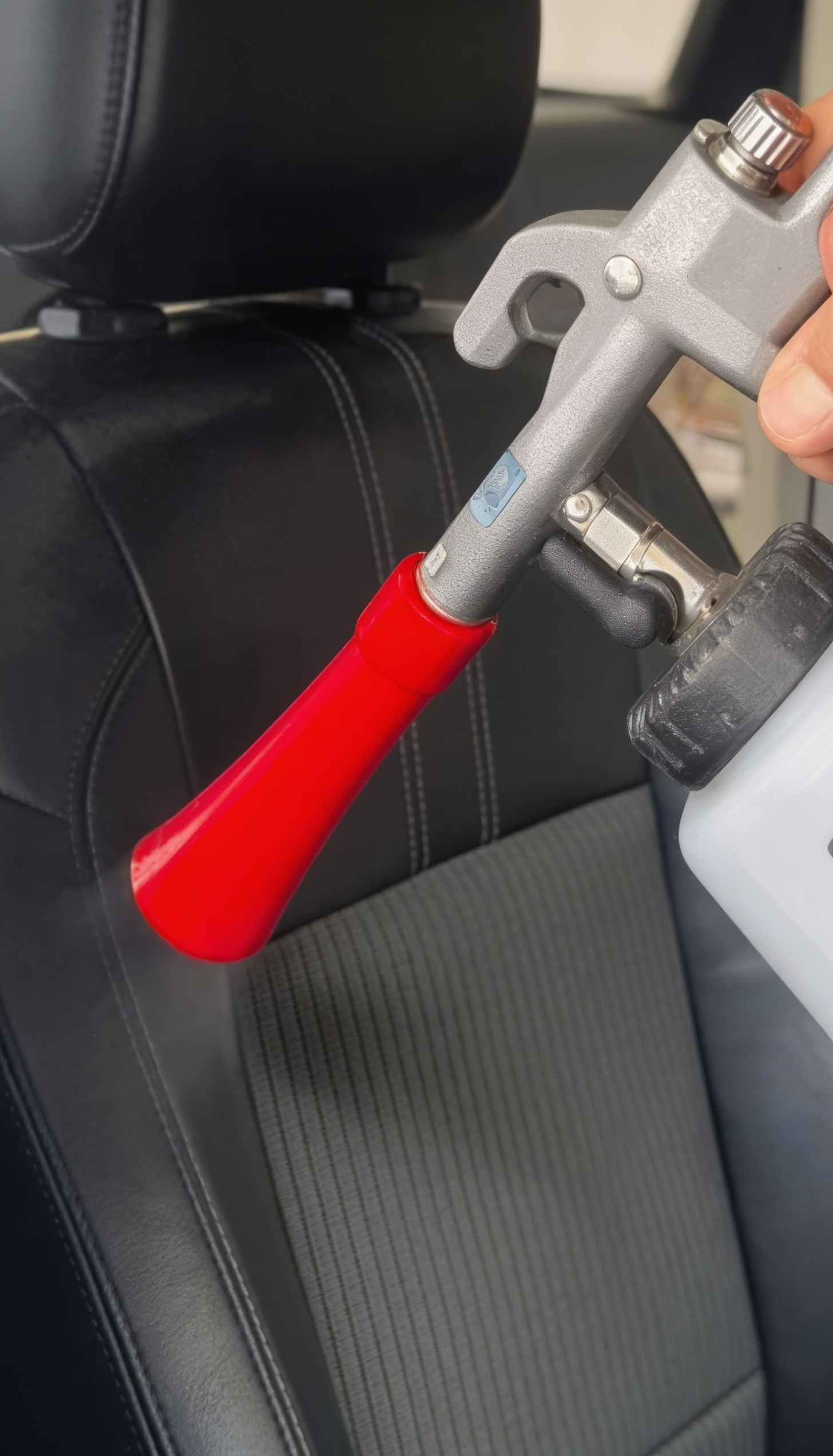 Autositz bei Jihan Autopflege Köln während der professionellen Polsterreinigung mit Sprühdüse für eine gründliche Innenraumreinigung des Fahrzeugs