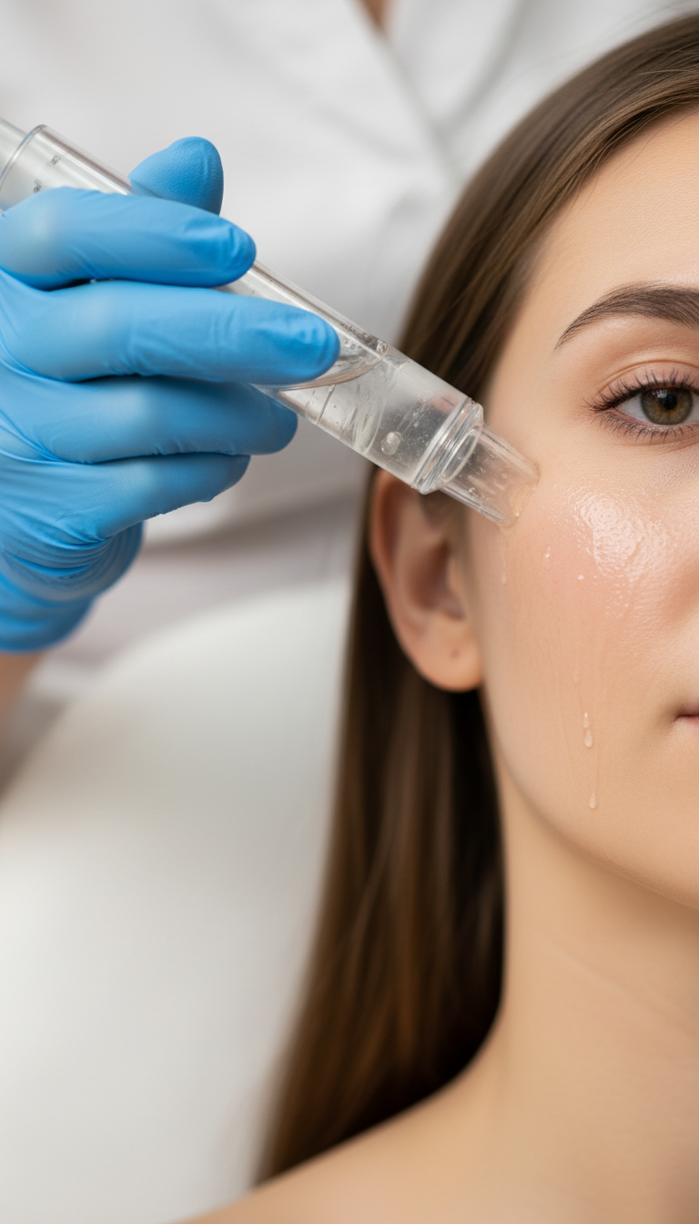 Nahaufnahme einer Frau bei der Aquafacial Gesichtsbehandlung mit Handstück an der Wange