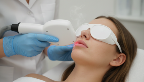 Frau mit Schutzbrille bei einer Laser Haarentfernung im Gesicht bei Beyoutyqueen in Usingen