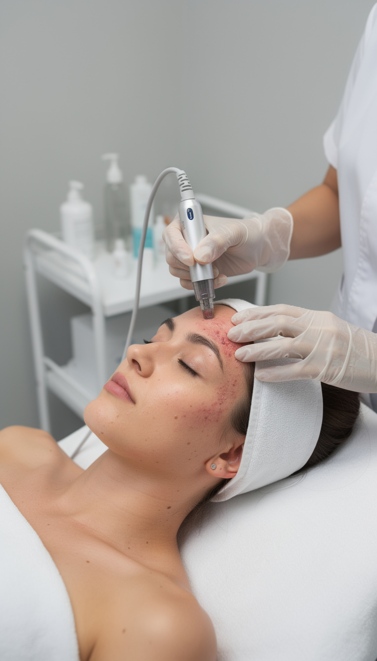 Frau erhält eine Microneedling Gesichtsbehandlung im Studio Claudia Bicchieri in Dortmund