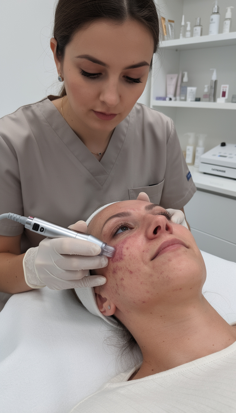 Nahaufnahme einer Microneedling Gesichtsbehandlung im Studio Claudia Bicchieri in Dortmund