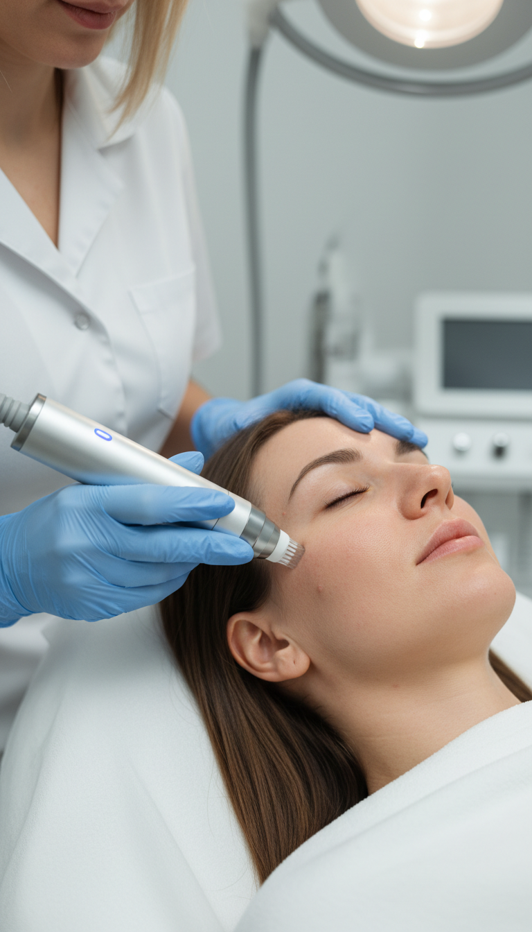 Frau bei einer RF Microneedling Anwendung im Gesicht im Studio Disi Laser und Beauty in München