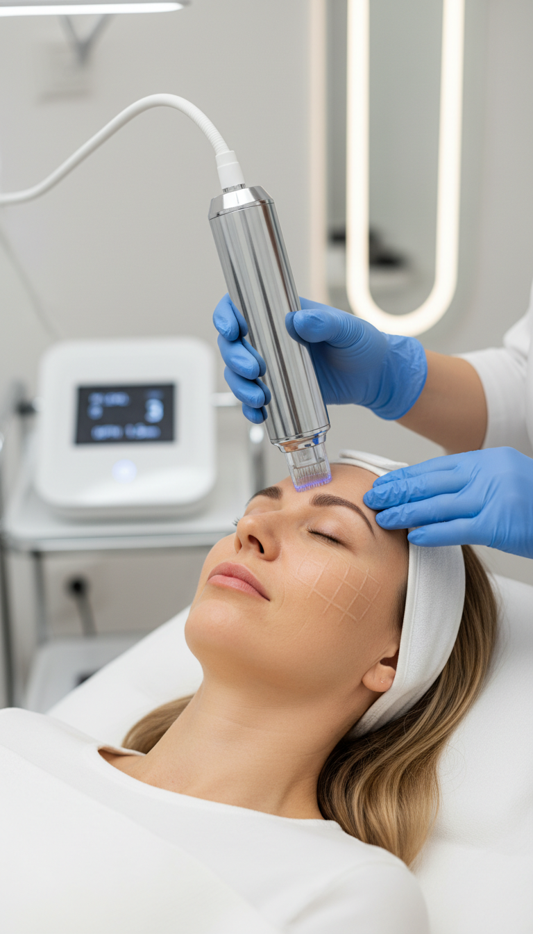 Frau erhält eine RF Microneedling Gesichtsbehandlung im Studio Disi Laser und Beauty in München
