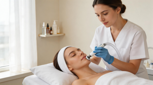 Frau erhält eine Hydrafacial Gesichtsbehandlung im Hakuen Headspa in Mülheim