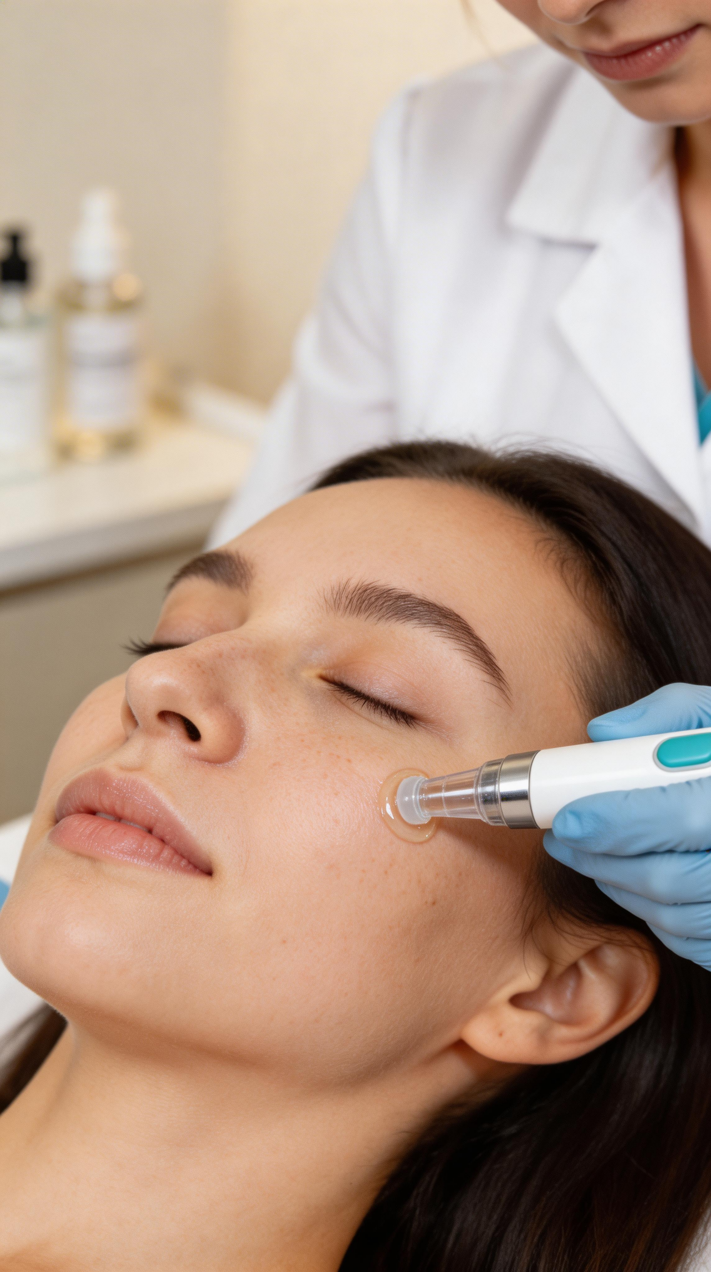Nahaufnahme einer Hydrafacial Behandlung mit Serum im Gesicht im Hakuen Headspa Mülheim