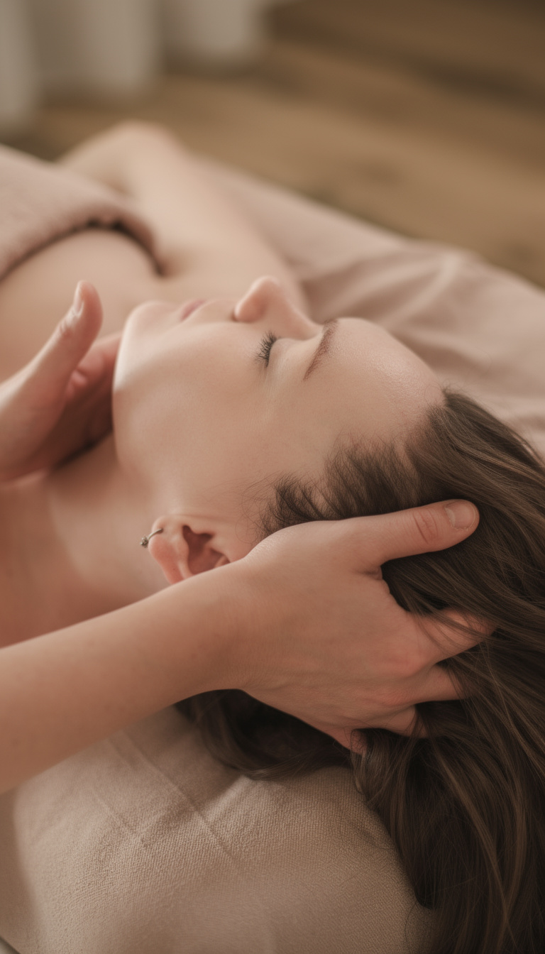 Nahaufnahme einer entspannenden Kopfmassage bei einer japanischen Head Spa Behandlung im Hakuen Headspa Mülheim