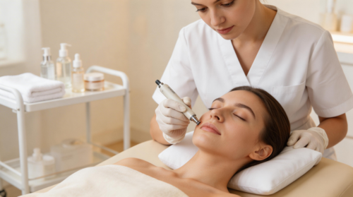 Frau erhält eine Microneedling Gesichtsbehandlung im Hakuen Headspa in Mülheim