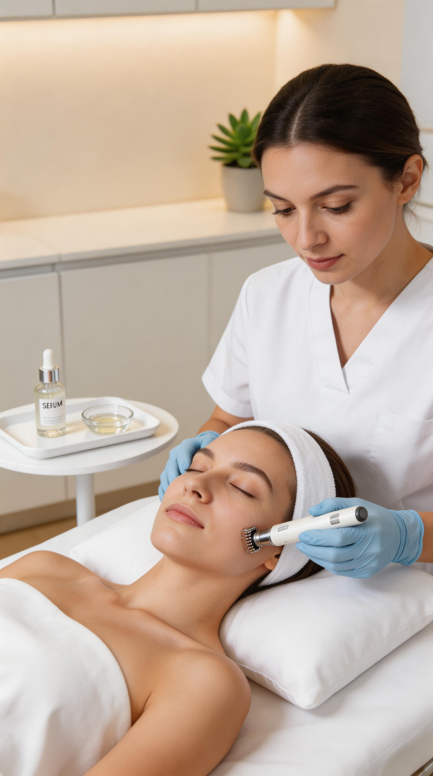 Frau erhält eine Microneedling Behandlung im Gesicht im Hakuen Headspa in Mülheim