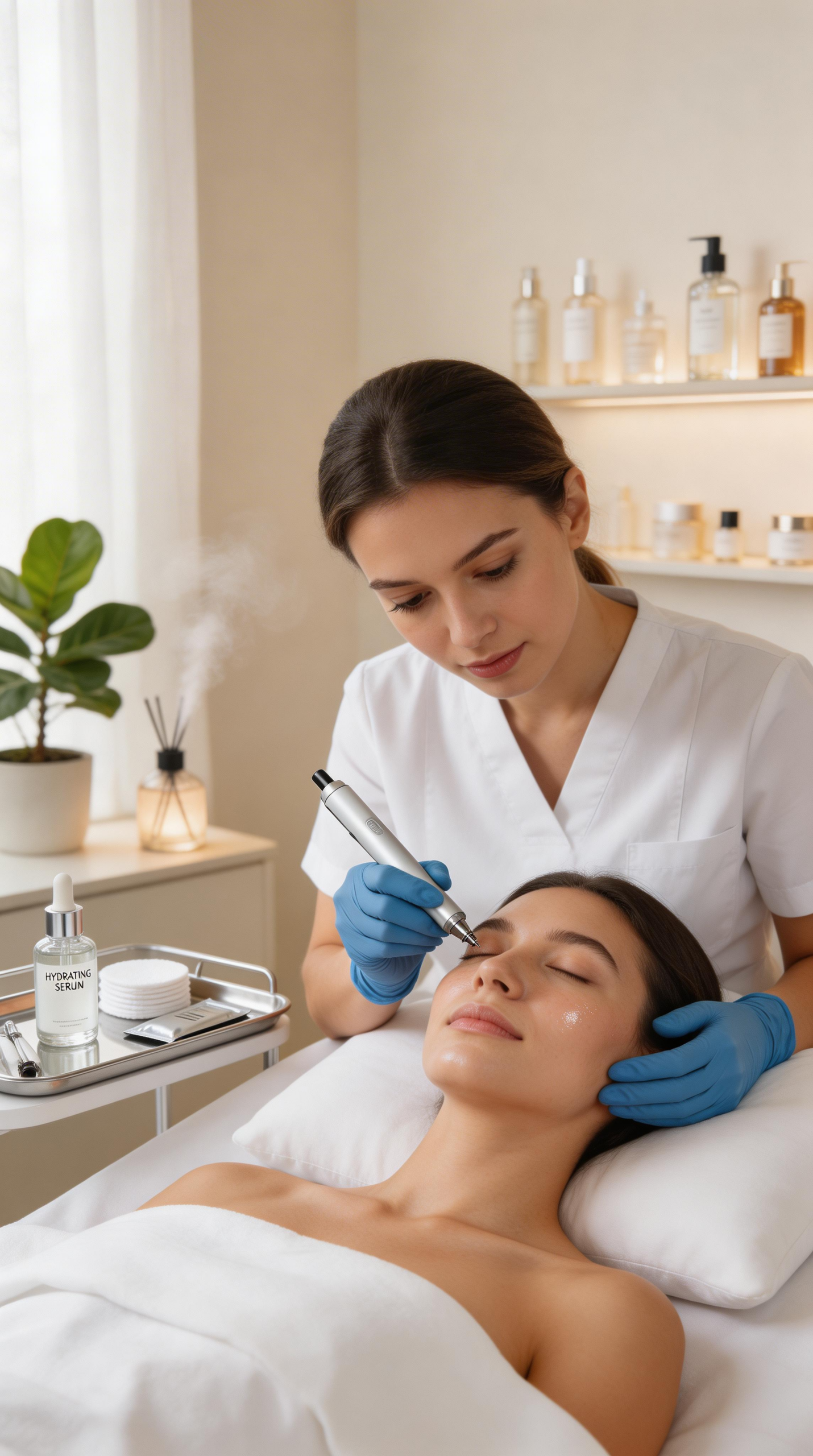 Frau erhält eine Microneedling Gesichtsbehandlung im Hakuen Headspa in Mülheim