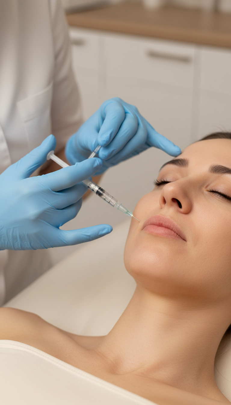 Frau erhält eine Hyaluron Faltenbehandlung im Gesicht in der Heilpraxis Zimmermann in München