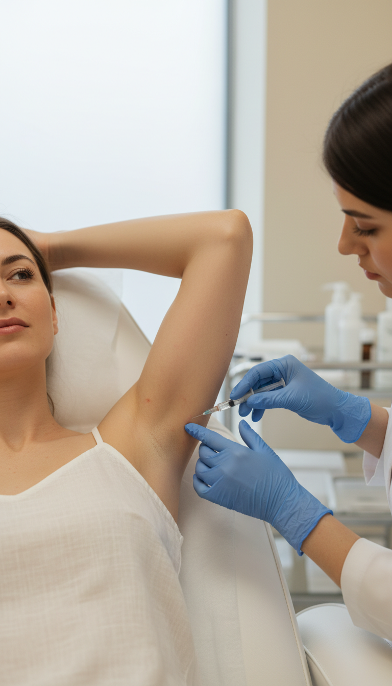 Frau erhält eine Injektionslipolyse Behandlung an der Achsel in der Heilpraxis Zimmermann in München
