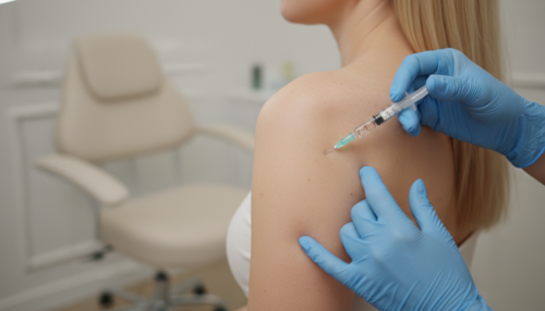 Frau erhält eine Injektionslipolyse Behandlung im Schulterbereich in der Heilpraxis Zimmermann in München