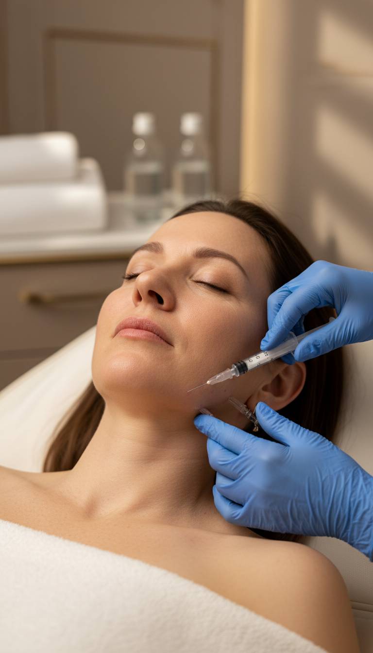 Frau erhält eine Injektionslipolyse Behandlung im Gesicht in der Heilpraxis Zimmermann in München