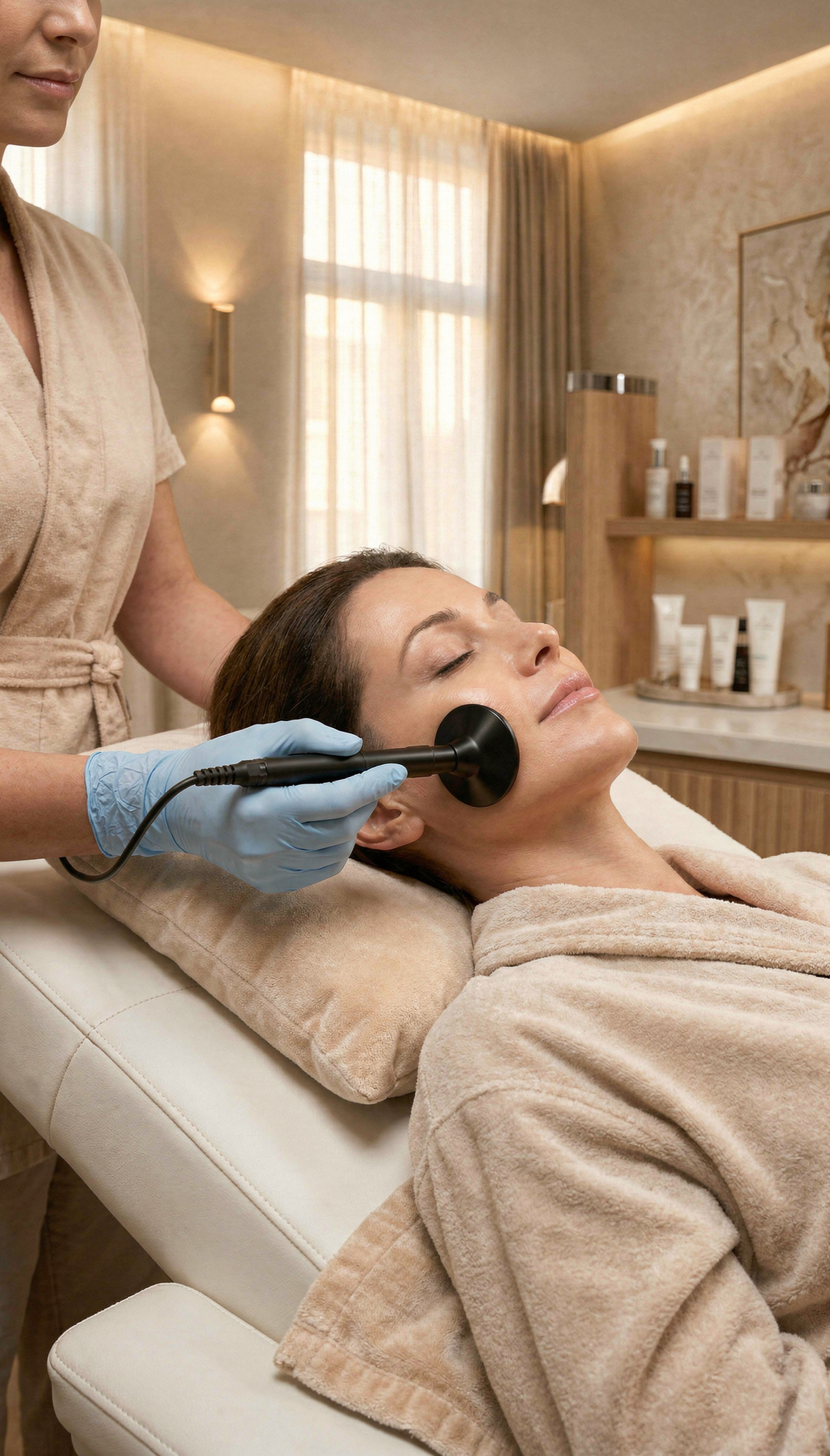 Frau erhält eine ProceA Lifting Gesichtsbehandlung mit Gerät im Jade Institut Düsseldorf