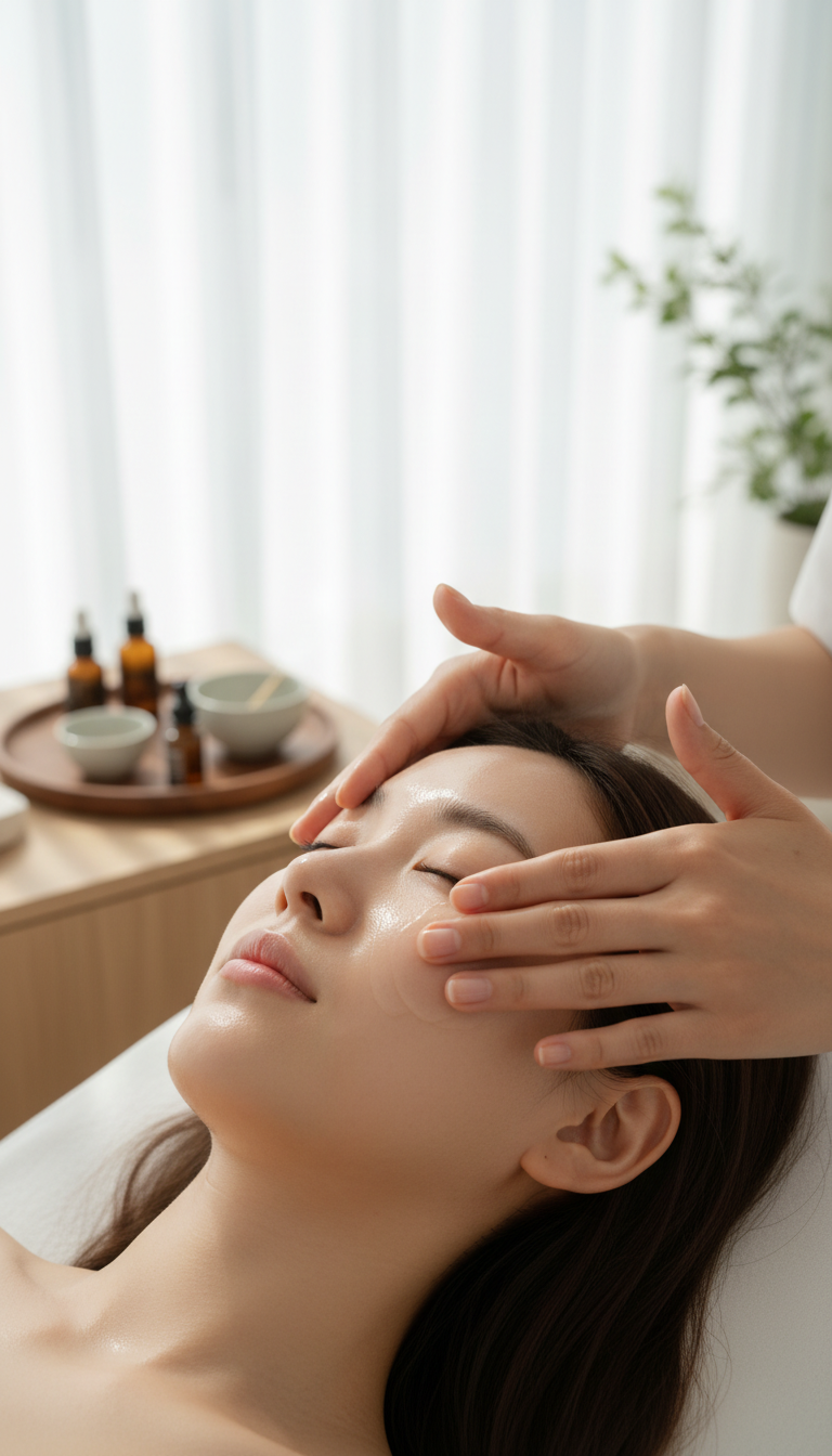 Frau erhält eine entspannende Gesichtsmassage während einer Korean Glass Skin Behandlung im Beauty Spa München