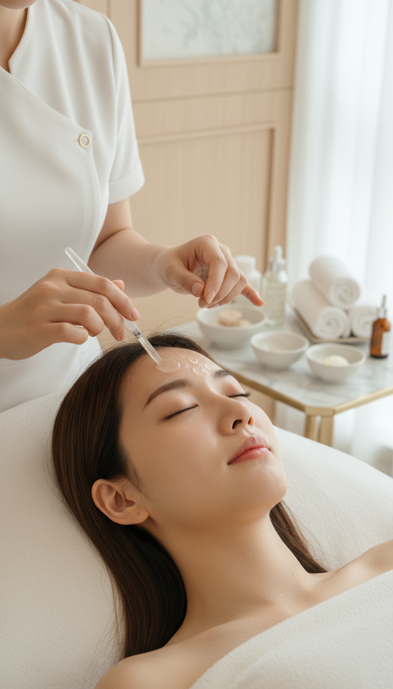 Frau erhält eine Korean Glass Skin Gesichtsbehandlung mit Serum im Beauty Spa in München
