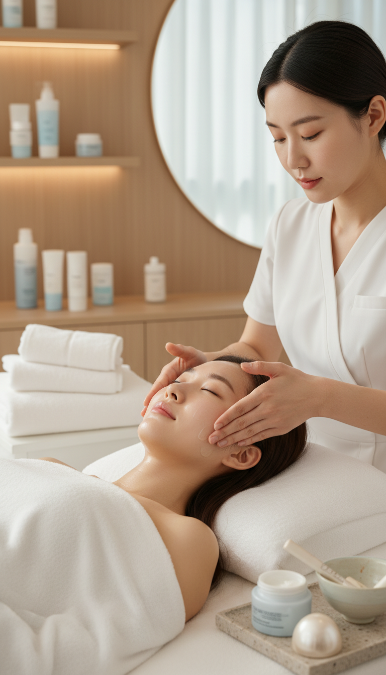 Frau erhält eine Korean Glass Skin Gesichtsbehandlung im Beauty Spa in München