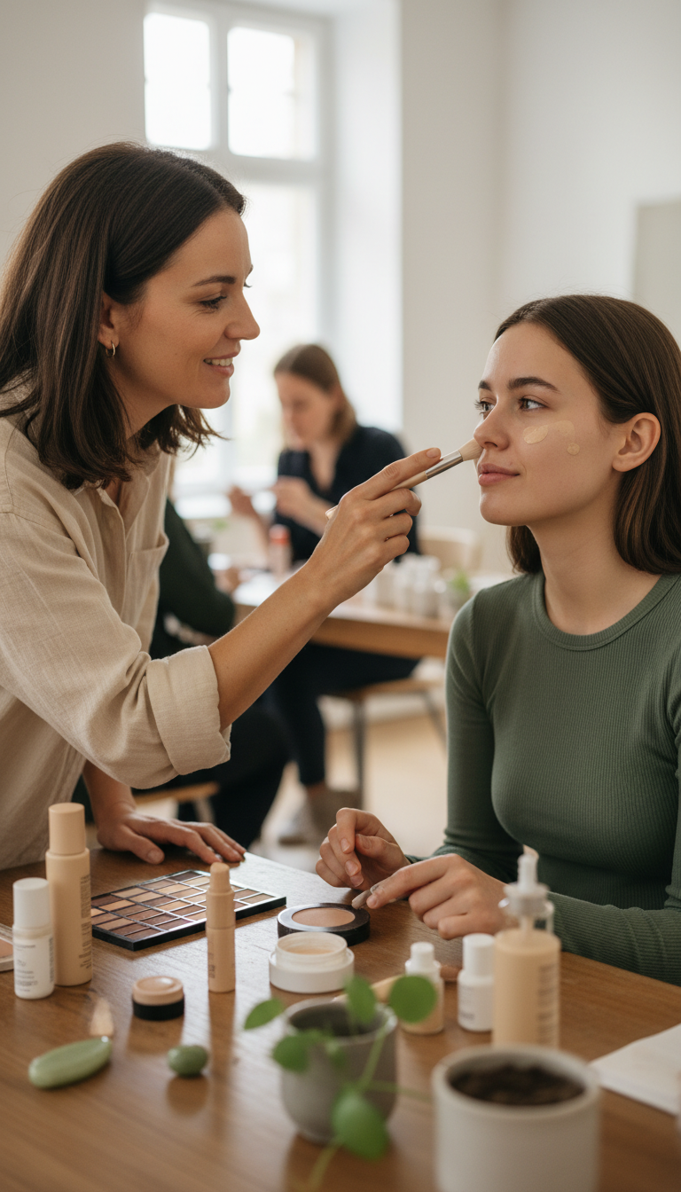 Teilnehmerin erhält Anleitung bei einem Make up Workshop von Verena Bender in Overath