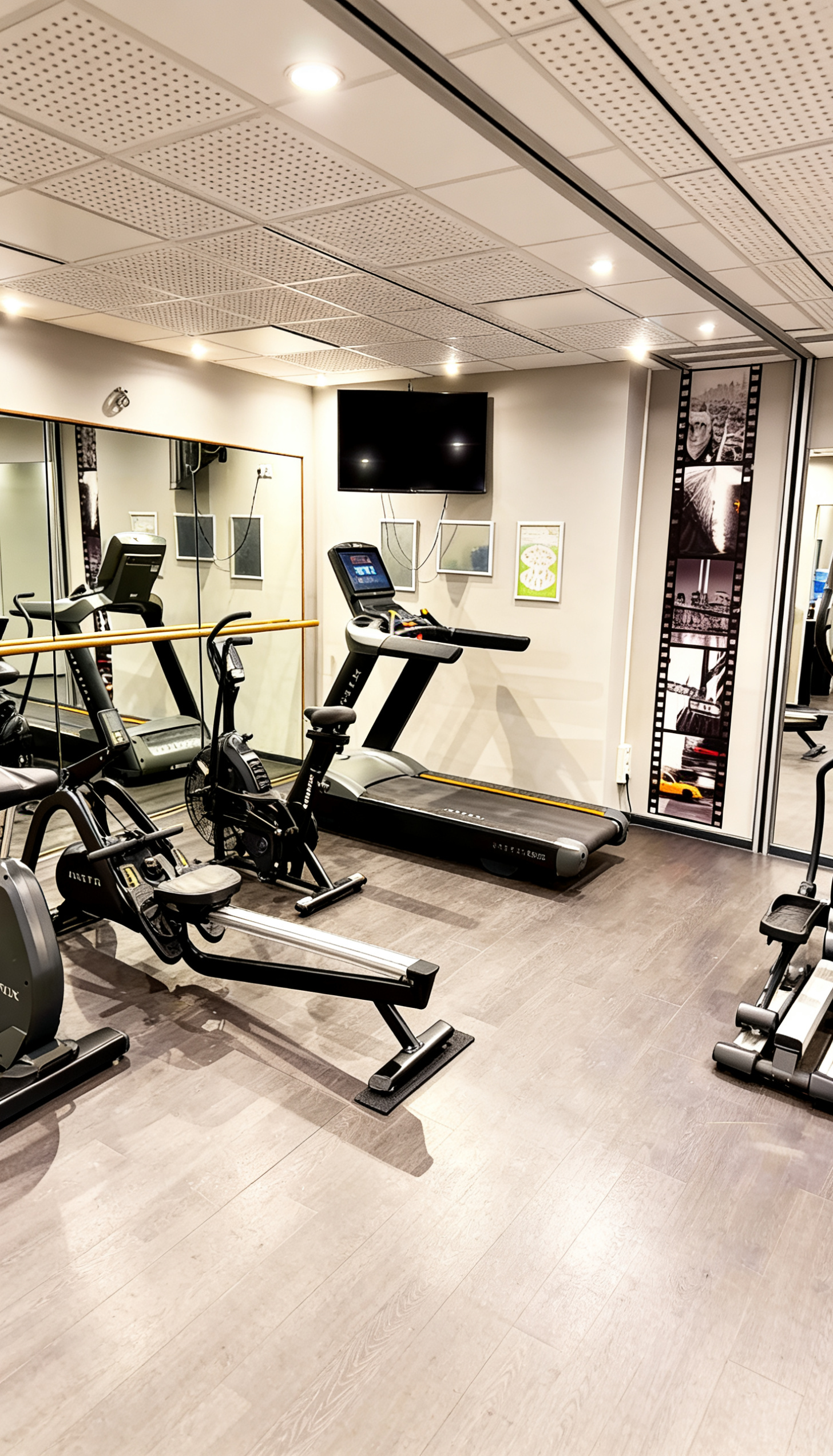Fitnessbereich im Alma Spa Frankfurt – moderner Trainingsraum mit Laufband, Ergometer und Kraftgeräten für aktives Wellness und Fitnesstraining