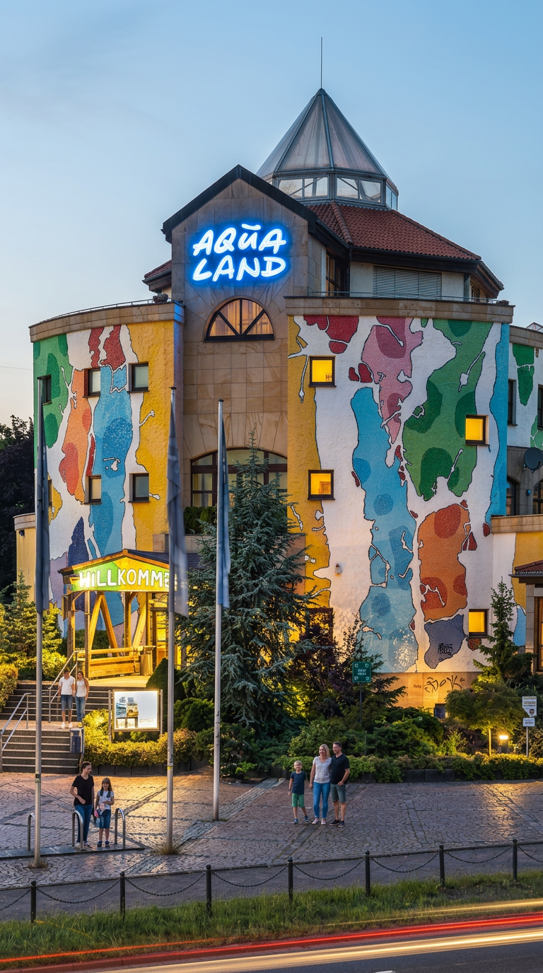 Außenansicht des Aqualand Köln – markantes Freizeitbad mit farbenfroher Fassade und charakteristischem Gebäudedesign