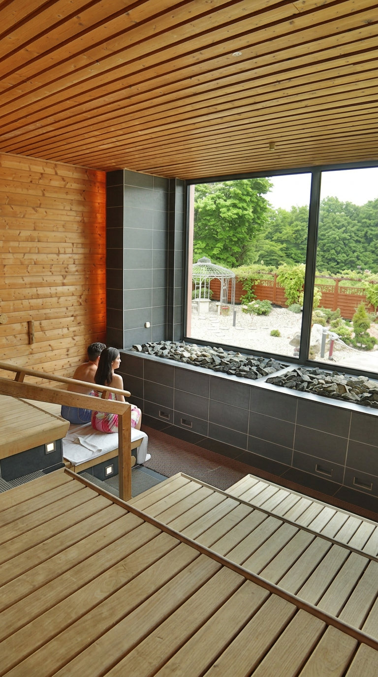 Saunabereich im Aqualand Köln – moderne Sauna mit Holzinterieur, Panoramafenster und Blick auf den Außenbereich der Bade und Saunawelt
