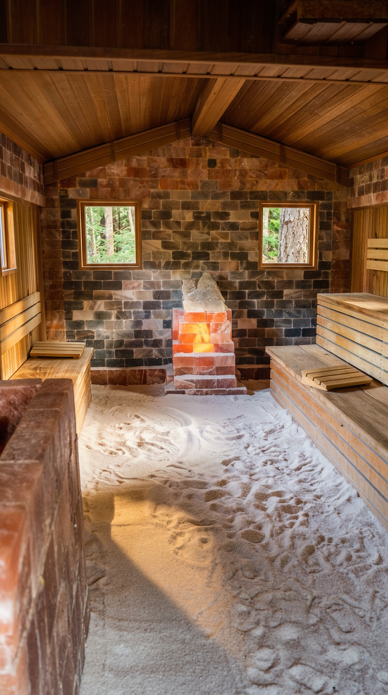 Saunahütte im Aqualand Köln – gemütlicher Wellnessbereich mit Holzbänken, Salzsteinofen und entspannender Atmosphäre für Saunagäste