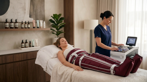 Lymphdrainage Behandlung bei Dream Body Lounge, bei der eine Kundin entspannt auf einer Behandlungsliege liegt und eine Druckwellenmanschette zur Anwendung genutzt wird