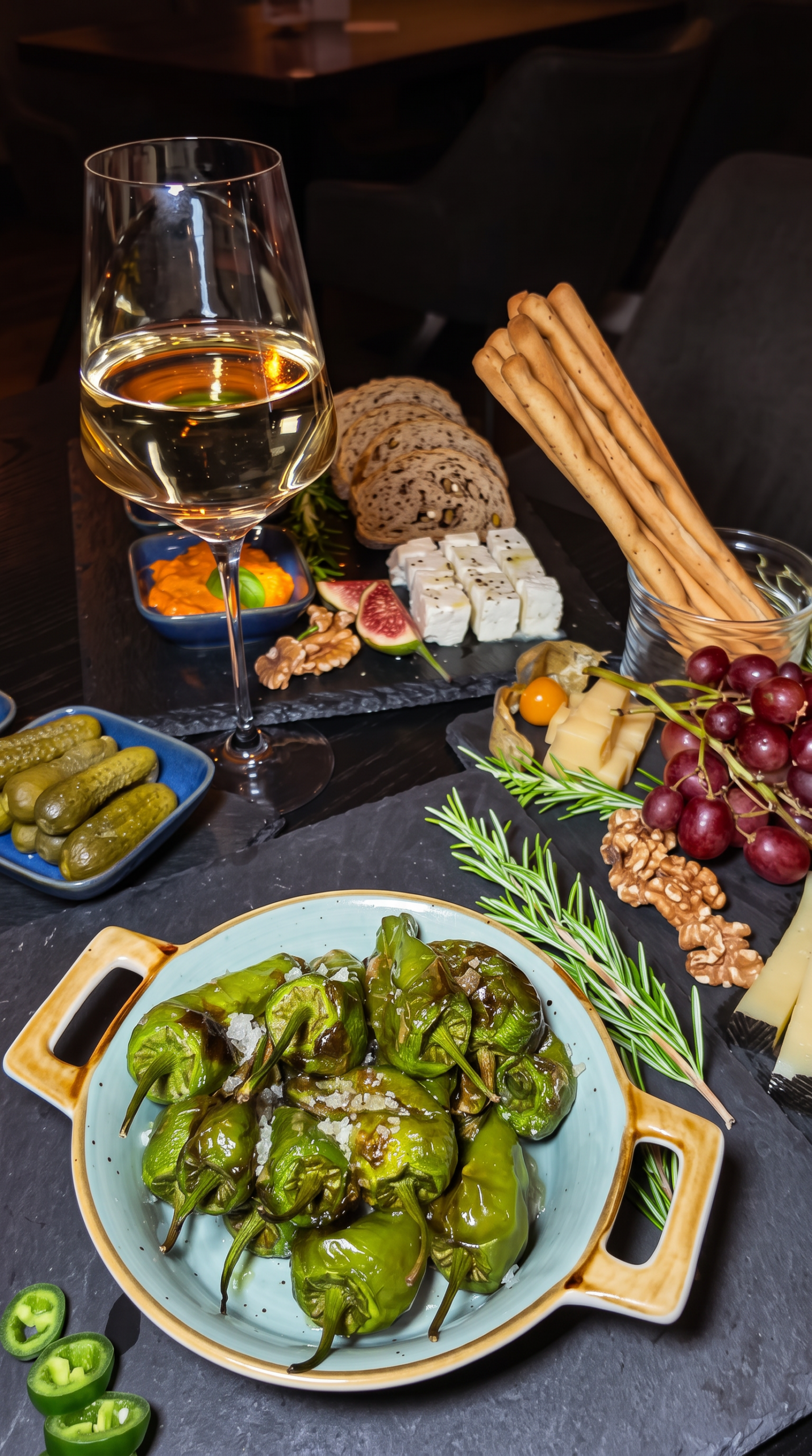 Charcuterie Board bei Meeting die Brunchery in Dortmund mit Wein, Käse, Trauben, Grissini, Oliven und weiteren herzhaften Snacks auf dem Tisch