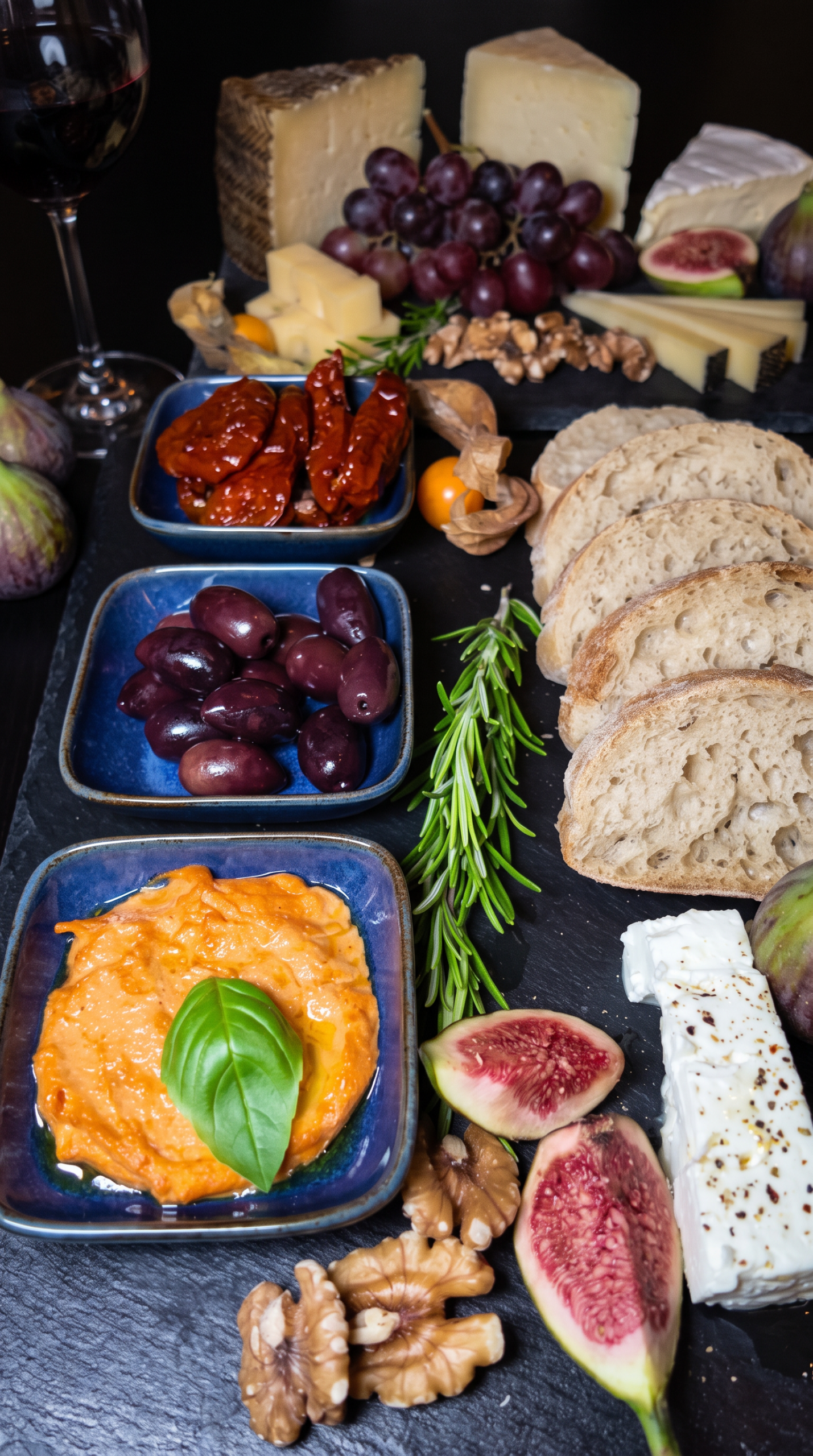 Charcuterie Platte bei Meeting die Brunchery in Dortmund mit Brot, Oliven, Dips, Käse, Feigen und herzhaften Snacks auf einem angerichteten Board